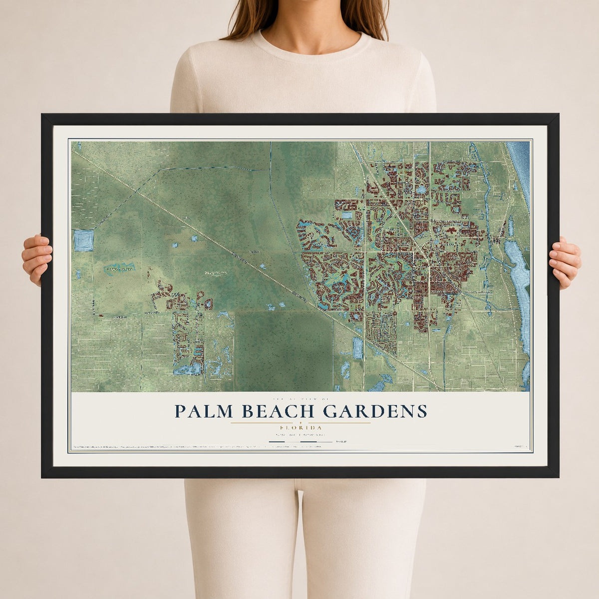 Palm Beach Gardens, Florida map print, 24" x 36" W/ Black Ayous Wood Frame mockup