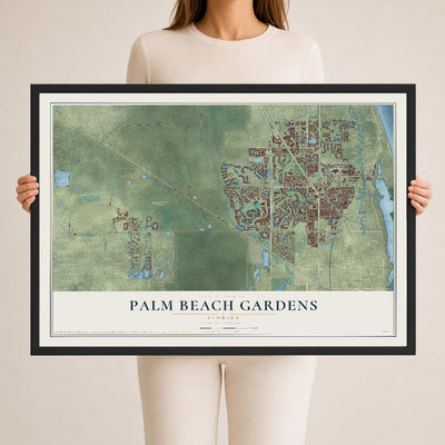 Palm Beach Gardens, Florida map print, 24" x 36" W/ Black Ayous Wood Frame mockup