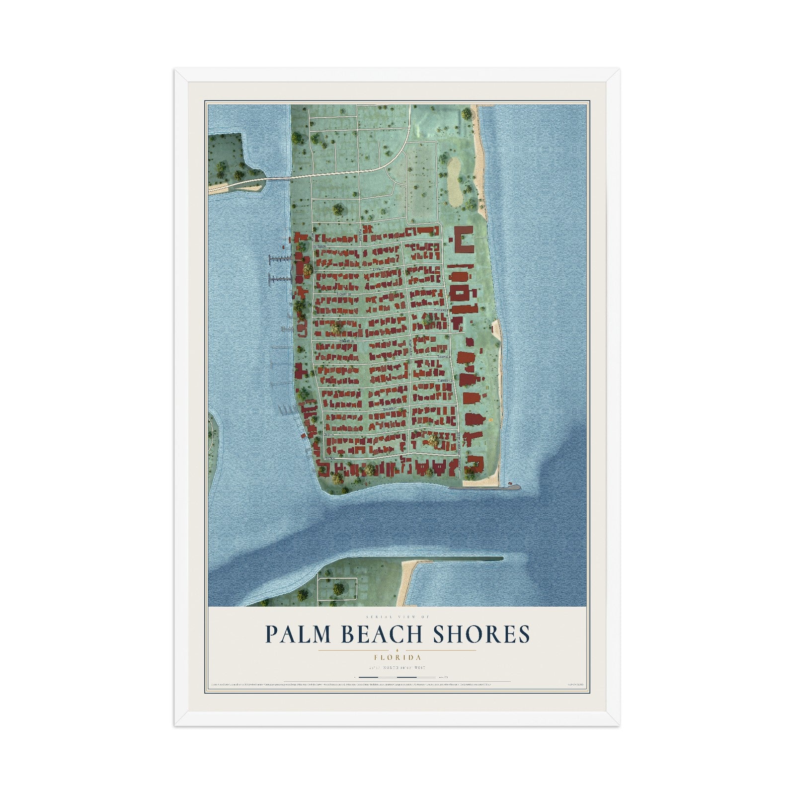 Palm Beach Shores, Florida map print, 12" x 18" W/ White Ayous Wood Frame mockup