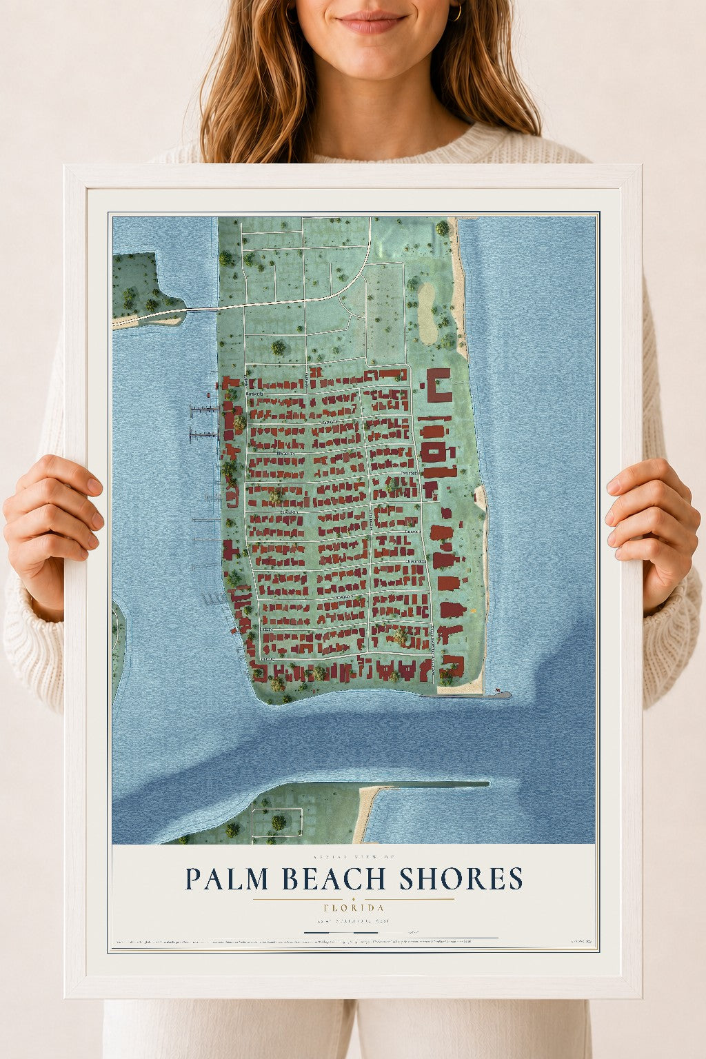 Palm Beach Shores, Florida map print, 18" x 24" W/ White Ayous Wood Frame mockup