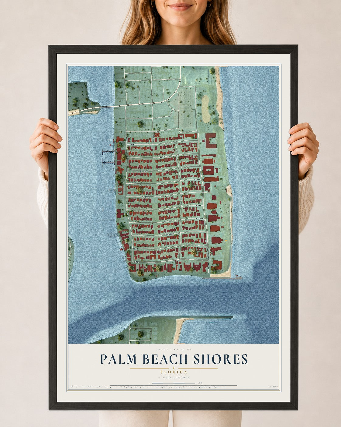 Palm Beach Shores, Florida map print, 24" x 36" W/ Black Ayous Wood Frame mockup