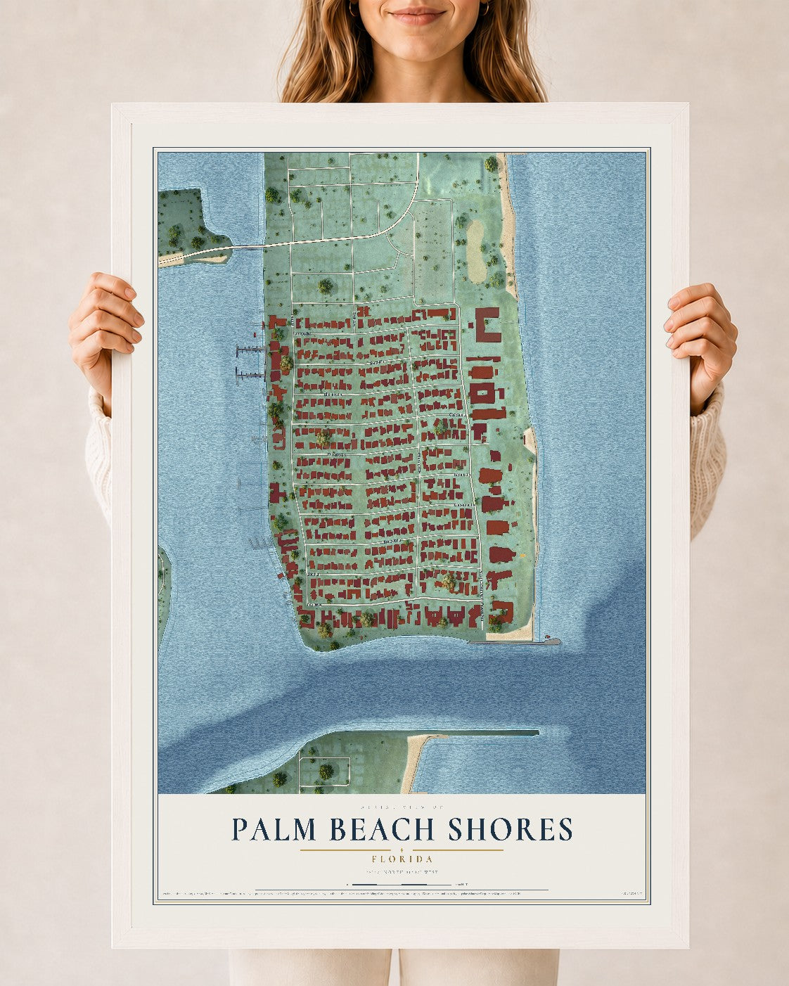 Palm Beach Shores, Florida map print, 24" x 36" W/ White Ayous Wood Frame mockup