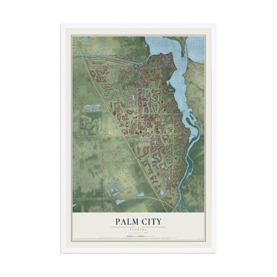 Palm City, Florida map print, 12" x 18" W/ White Ayous Wood Frame mockup