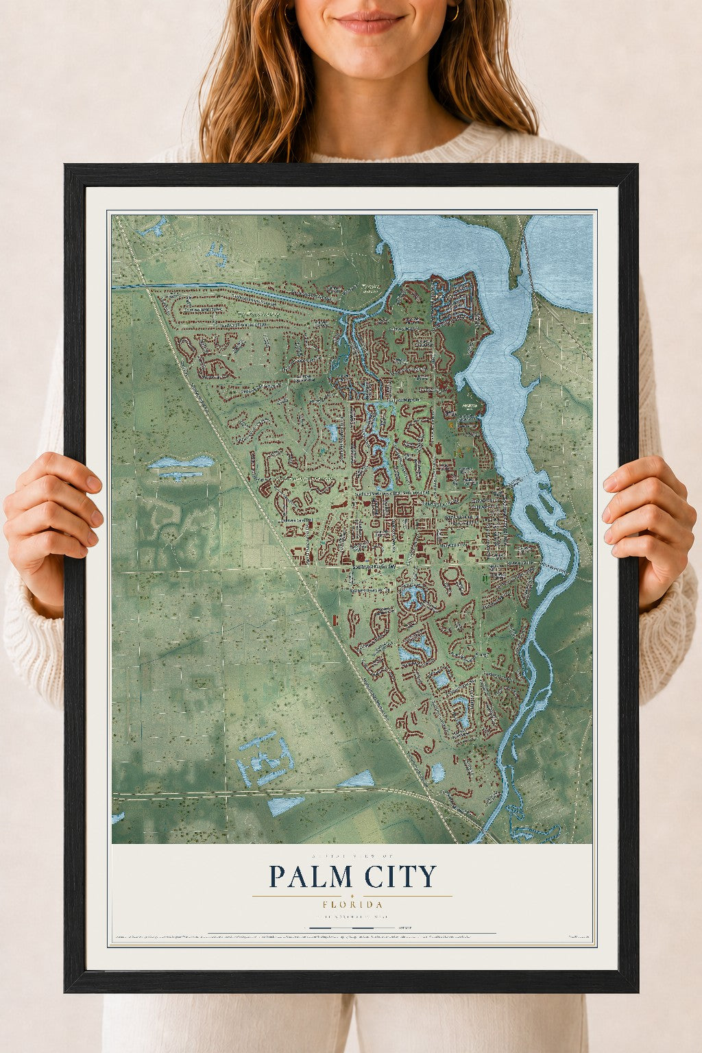 Palm City, Florida map print, 18" x 24" W/ Black Ayous Wood Frame mockup
