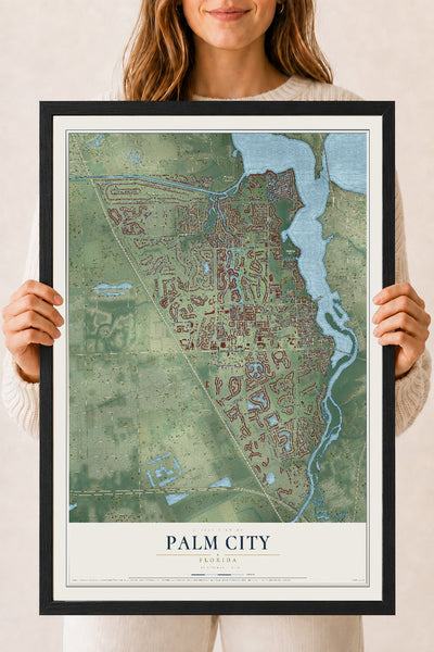Palm City, Florida map print, 18" x 24" W/ Black Ayous Wood Frame mockup