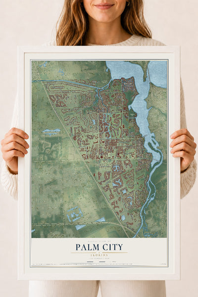 Palm City, Florida map print, 18" x 24" W/ White Ayous Wood Frame mockup