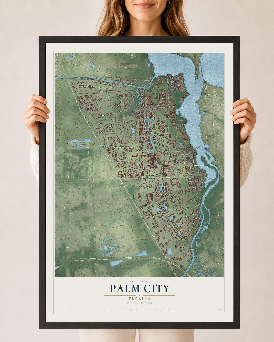 Palm City, Florida map print, 24" x 36" W/ Black Ayous Wood Frame mockup