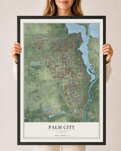 Palm City, Florida map print, 24" x 36" W/ Black Ayous Wood Frame mockup