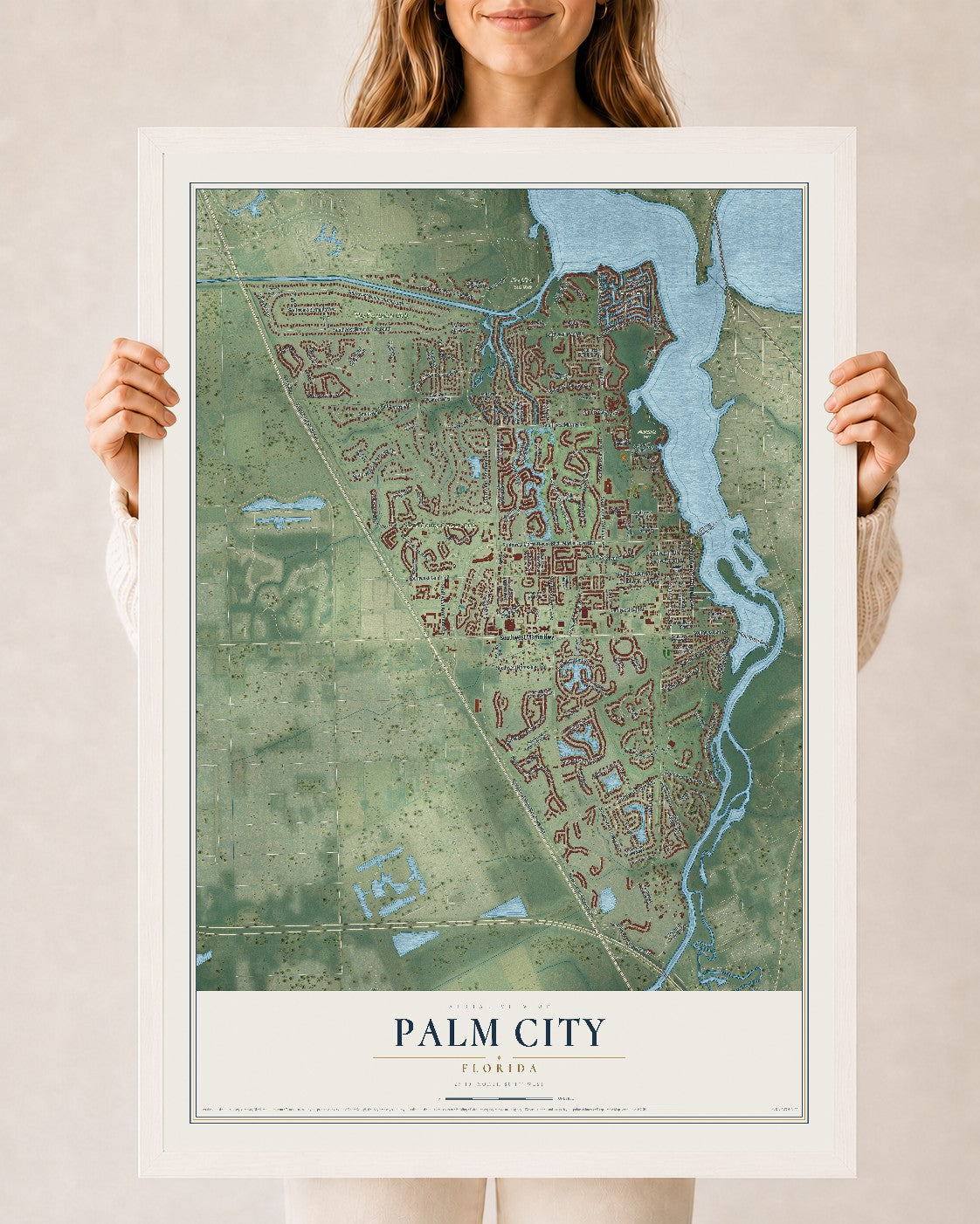 Palm City, Florida map print, 24" x 36" W/ White Ayous Wood Frame mockup