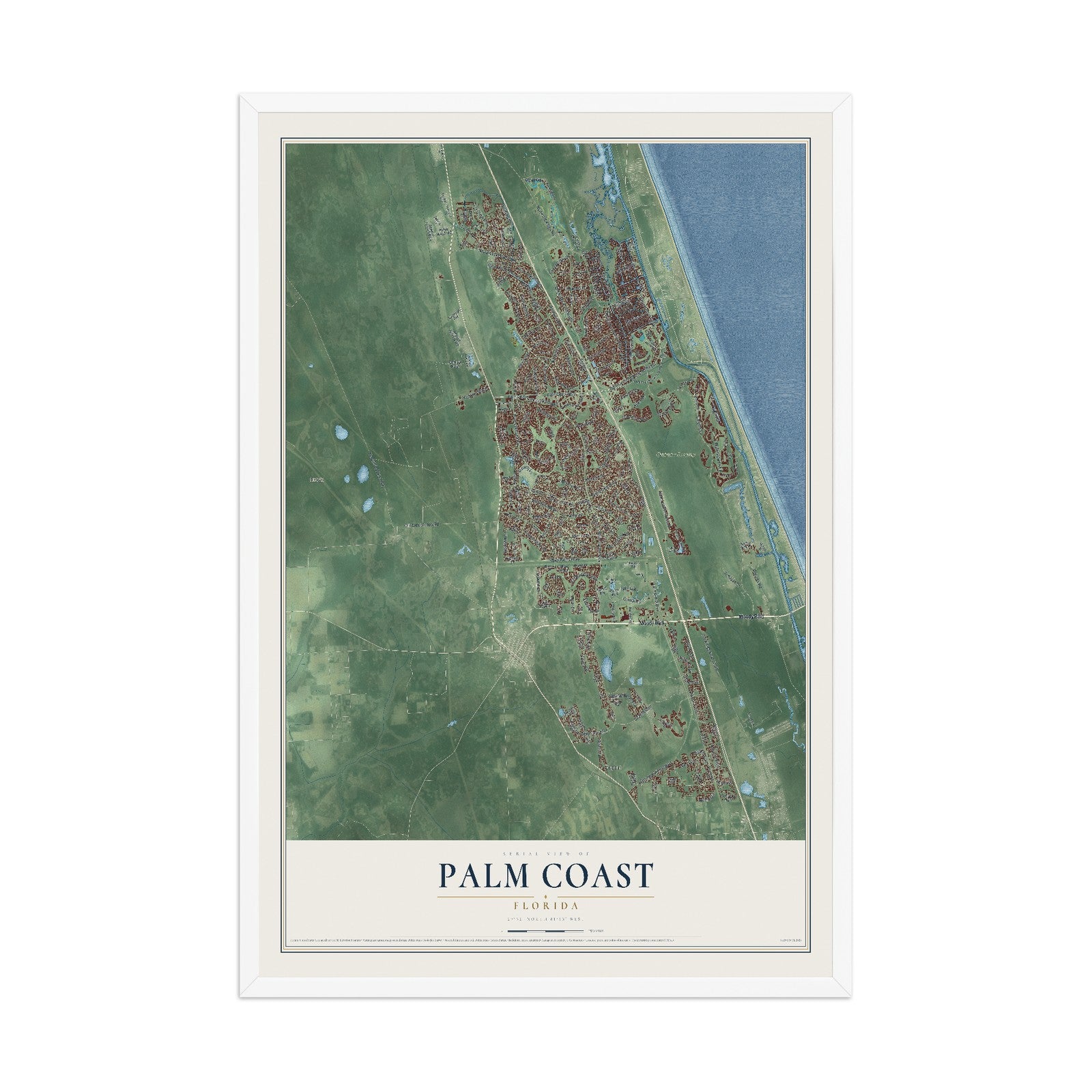 Palm Coast, Florida map print, 12" x 18" W/ White Ayous Wood Frame mockup