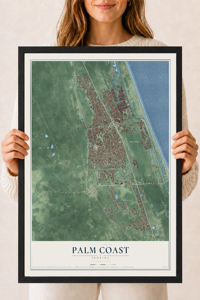Palm Coast, Florida map print, 18" x 24" W/ Black Ayous Wood Frame mockup