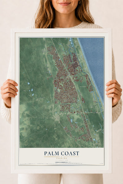 Palm Coast, Florida map print, 18" x 24" W/ White Ayous Wood Frame mockup