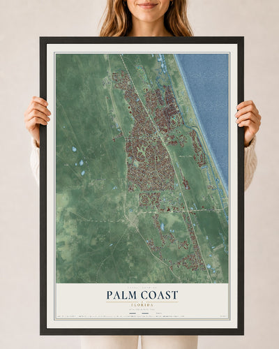 Palm Coast, Florida map print, 24" x 36" W/ Black Ayous Wood Frame mockup