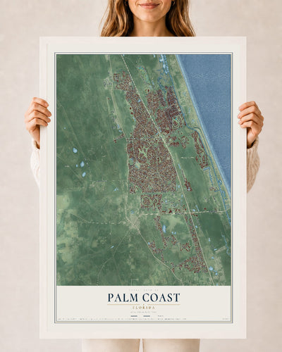 Palm Coast, Florida map print, 24" x 36" W/ White Ayous Wood Frame mockup