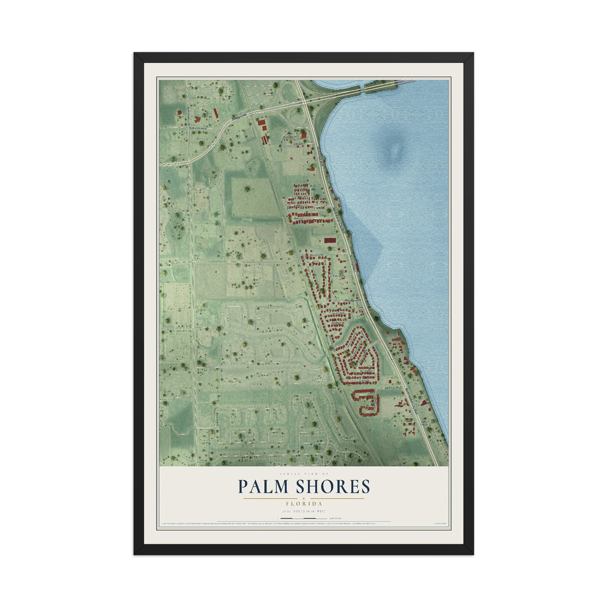 Palm Shores, Florida map print, 12" x 18" W/ Black Ayous Wood Frame mockup