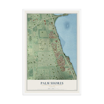 Palm Shores, Florida map print, 12" x 18" W/ White Ayous Wood Frame mockup