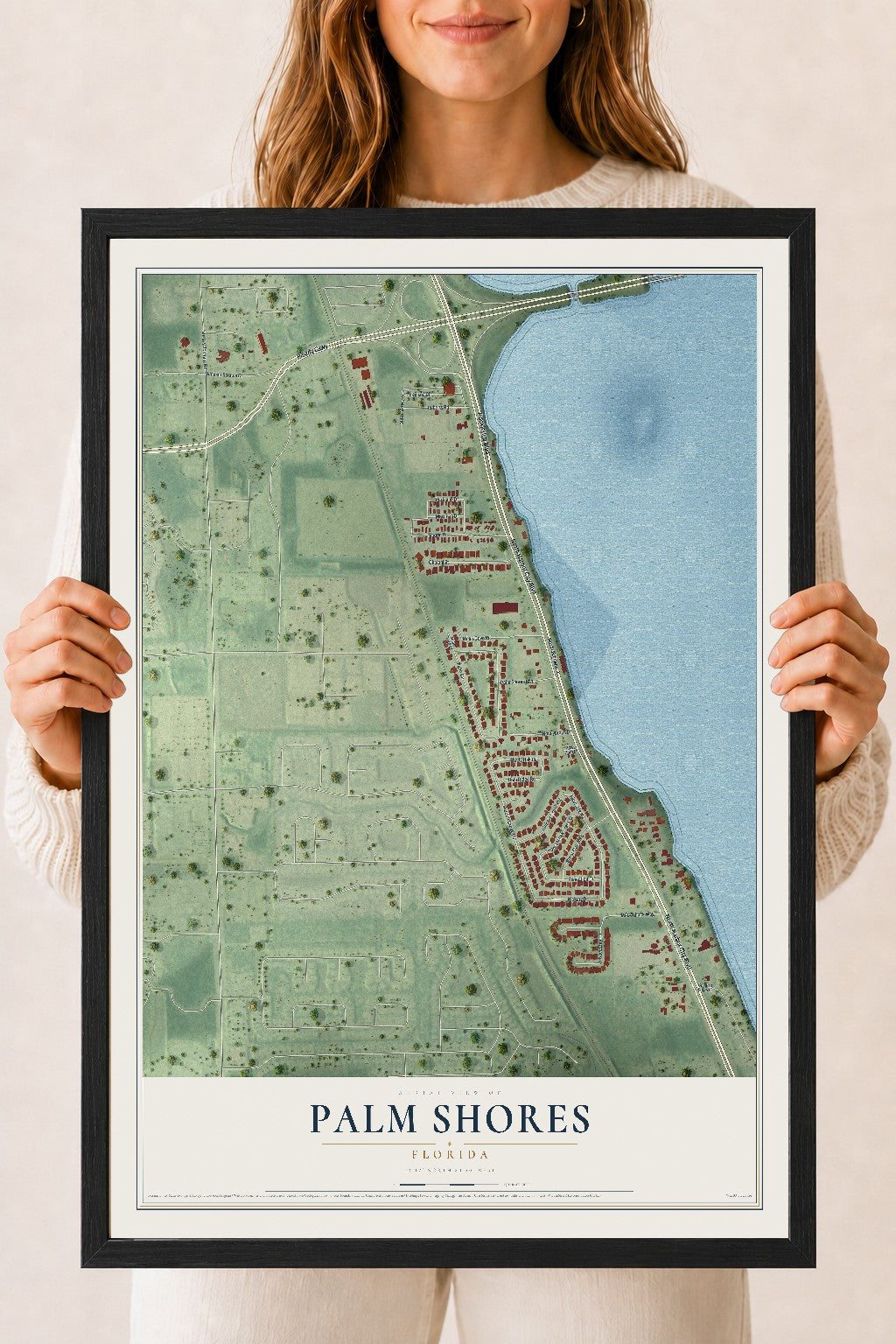 Palm Shores, Florida map print, 18" x 24" W/ Black Ayous Wood Frame mockup