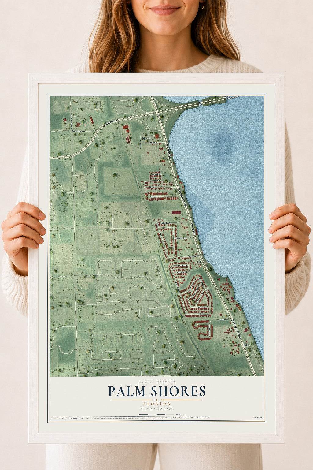 Palm Shores, Florida map print, 18" x 24" W/ White Ayous Wood Frame mockup