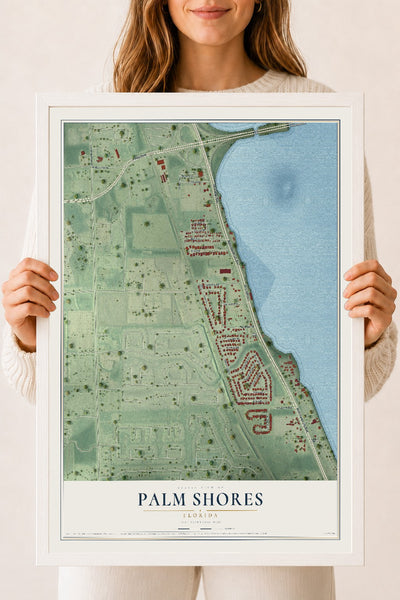 Palm Shores, Florida map print, 18" x 24" W/ White Ayous Wood Frame mockup