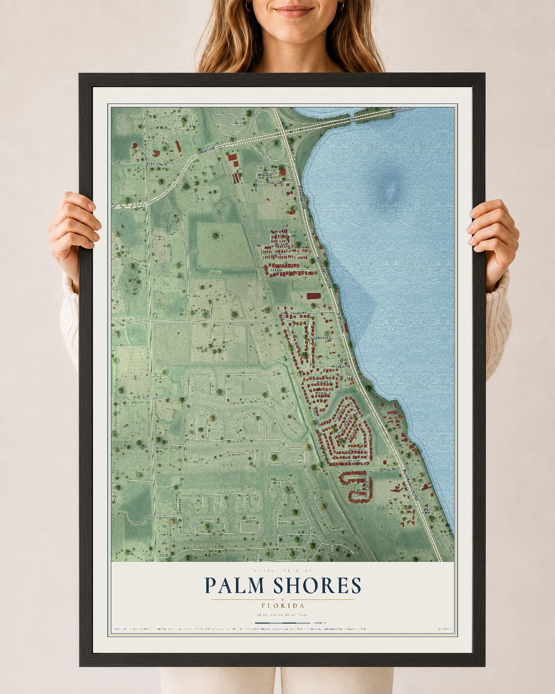 Palm Shores, Florida map print, 24" x 36" W/ Black Ayous Wood Frame mockup