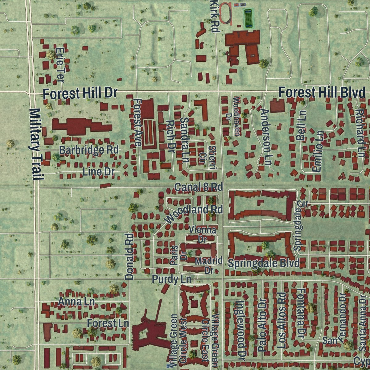 Close-up 2 of the Palm Springs, Florida map artwork