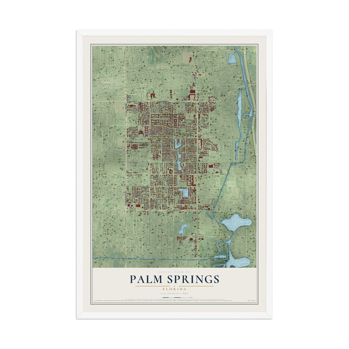 Palm Springs, Florida map print, 12" x 18" W/ White Ayous Wood Frame mockup