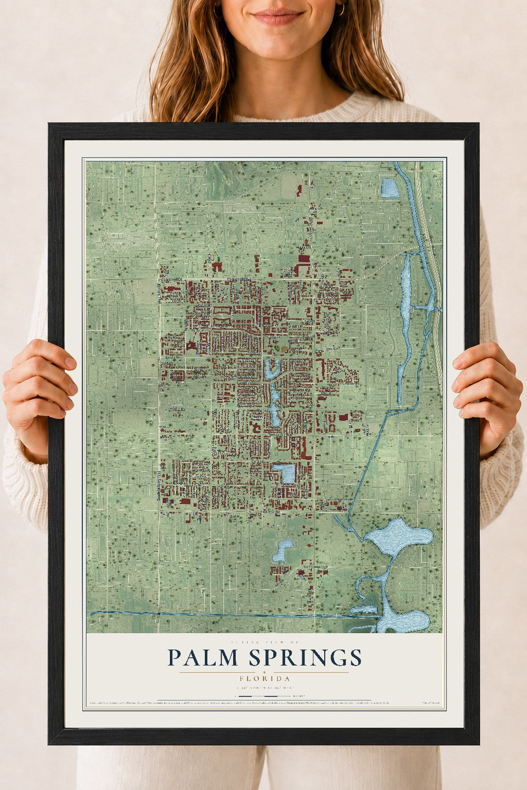 Palm Springs, Florida map print, 18" x 24" W/ Black Ayous Wood Frame mockup
