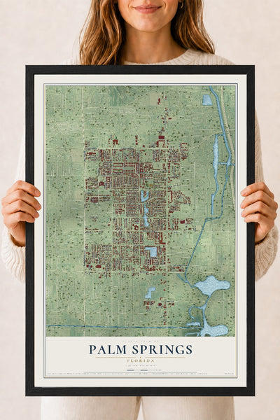 Palm Springs, Florida map print, 18" x 24" W/ Black Ayous Wood Frame mockup