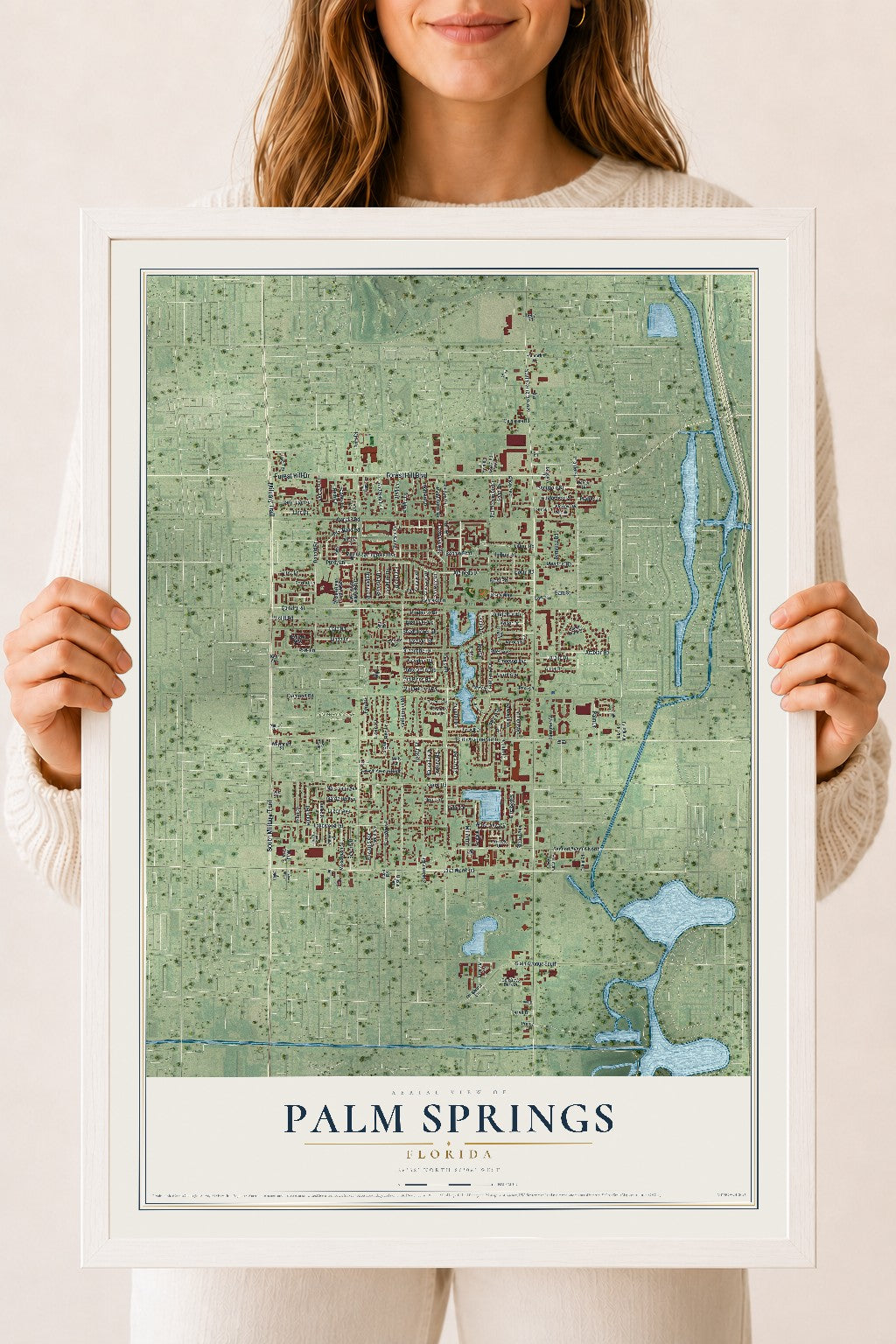 Palm Springs, Florida map print, 18" x 24" W/ White Ayous Wood Frame mockup