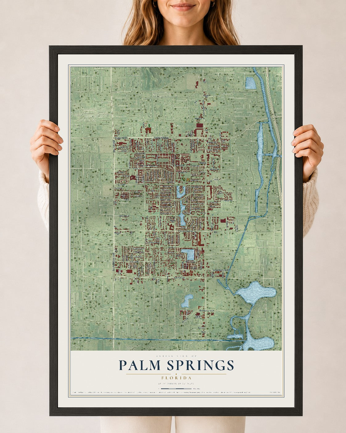 Palm Springs, Florida map print, 24" x 36" W/ Black Ayous Wood Frame mockup