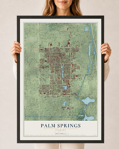 Palm Springs, Florida map print, 24" x 36" W/ Black Ayous Wood Frame mockup