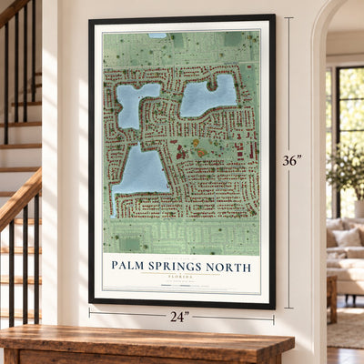 Palm Springs North, Florida map, 24 x 36 inch print in a black frame by a staircase