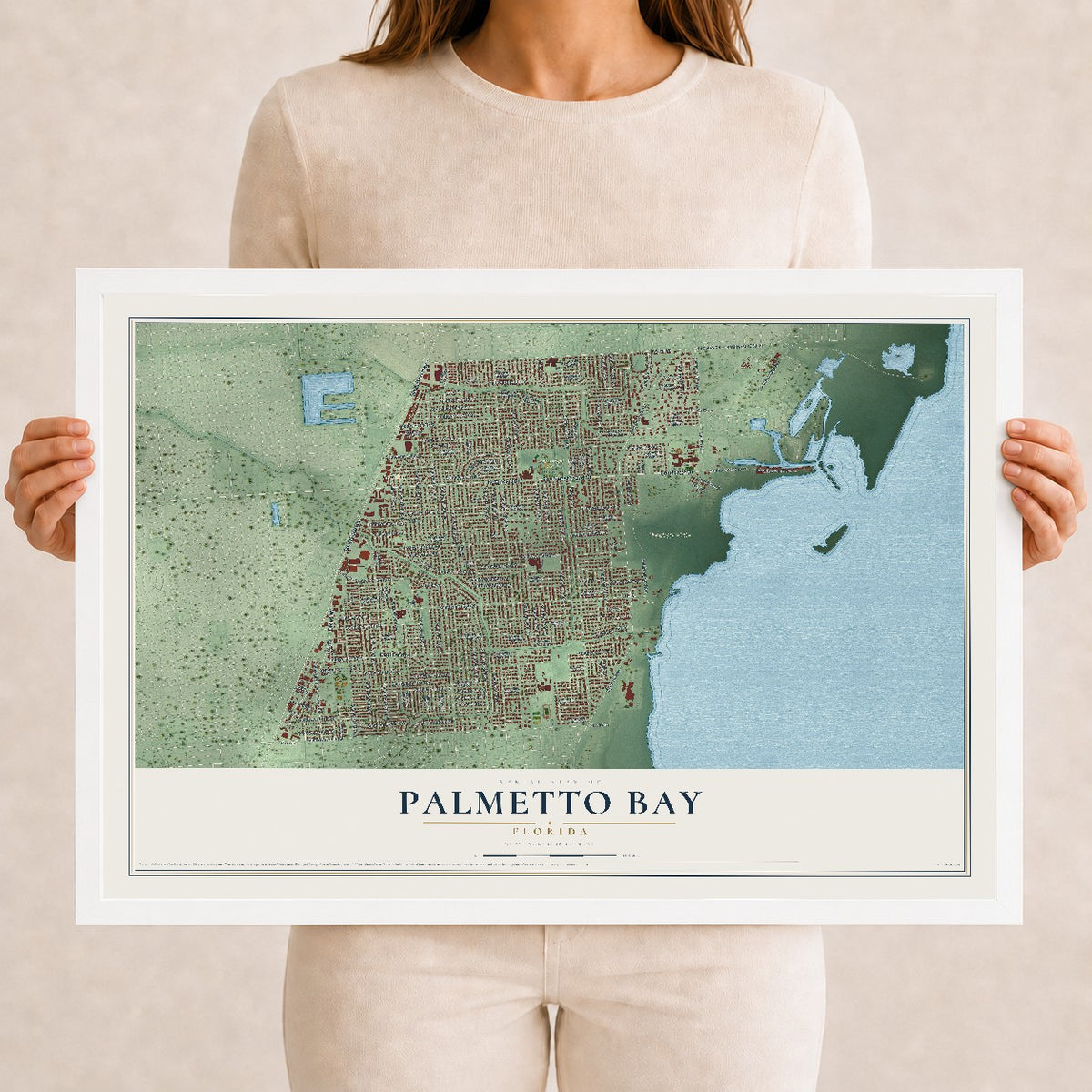 Palmetto Bay, Florida map print, 12" x 18" W/ White Ayous Wood Frame mockup