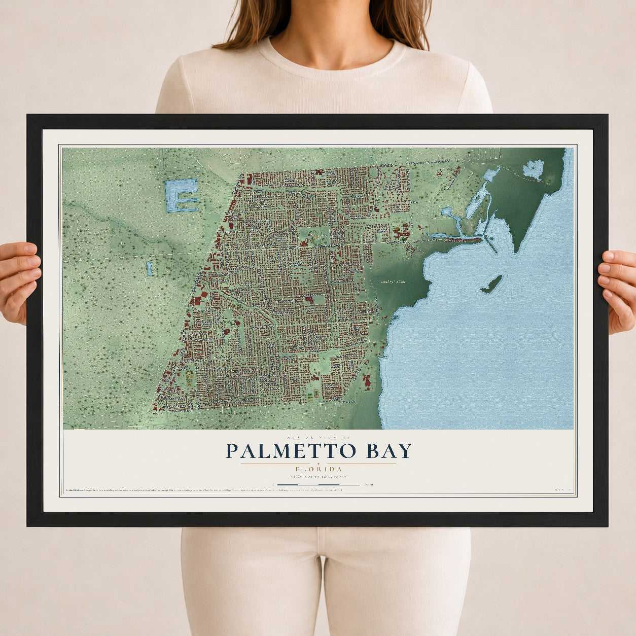 Palmetto Bay, Florida map print, 18" x 24" W/ Black Ayous Wood Frame mockup