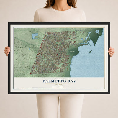 Palmetto Bay, Florida map print, 24" x 36" W/ Black Ayous Wood Frame mockup