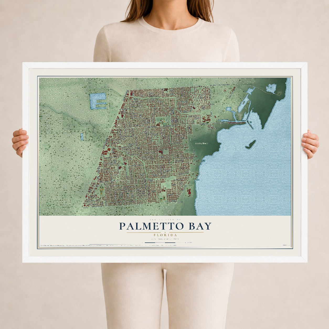 Palmetto Bay, Florida map print, 24" x 36" W/ White Ayous Wood Frame mockup