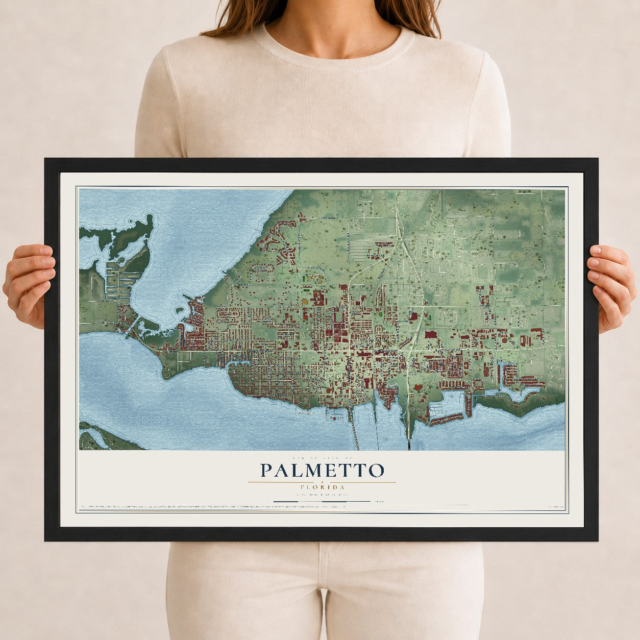 Palmetto, Florida map print, 12" x 18" W/ Black Ayous Wood Frame mockup