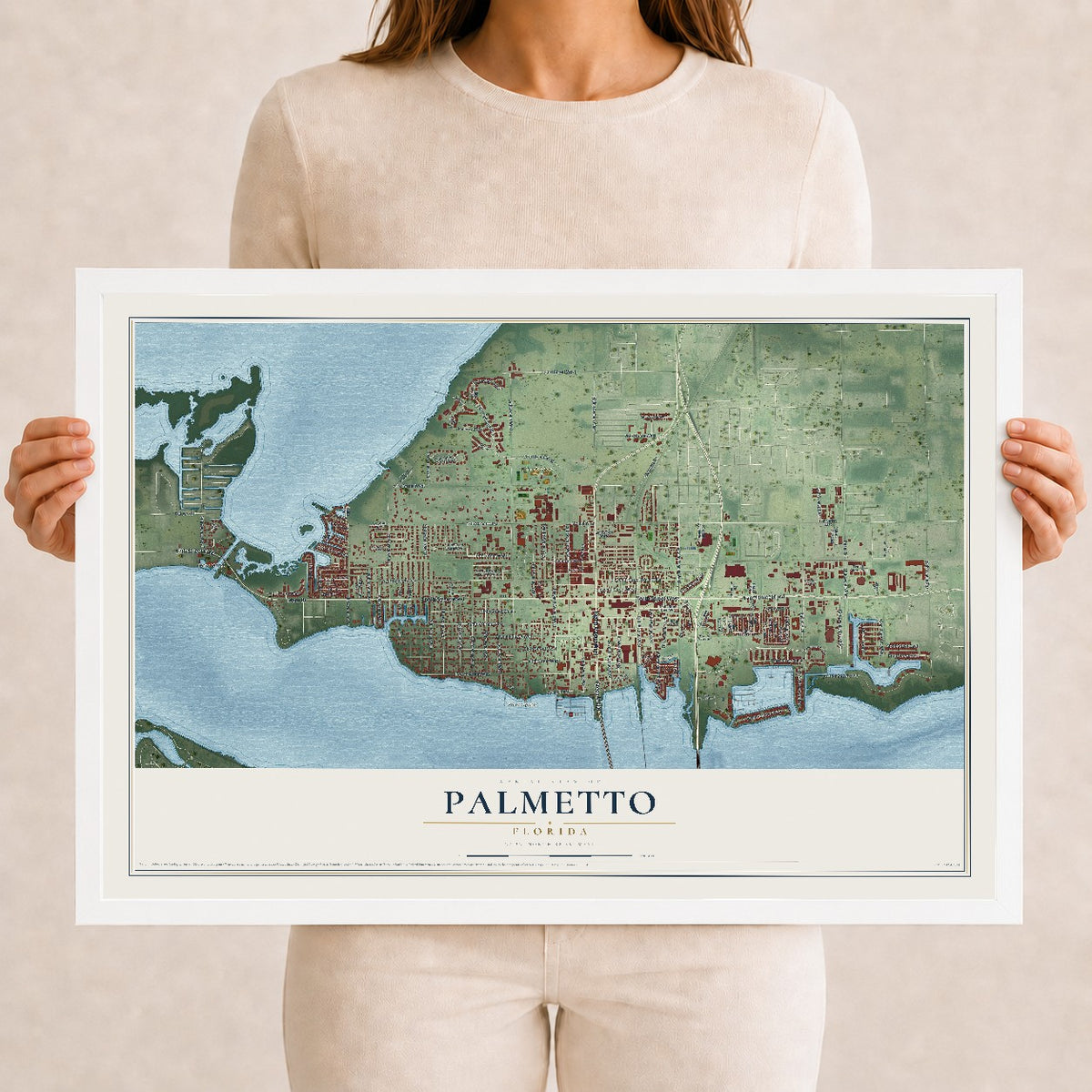 Palmetto, Florida map print, 12" x 18" W/ White Ayous Wood Frame mockup