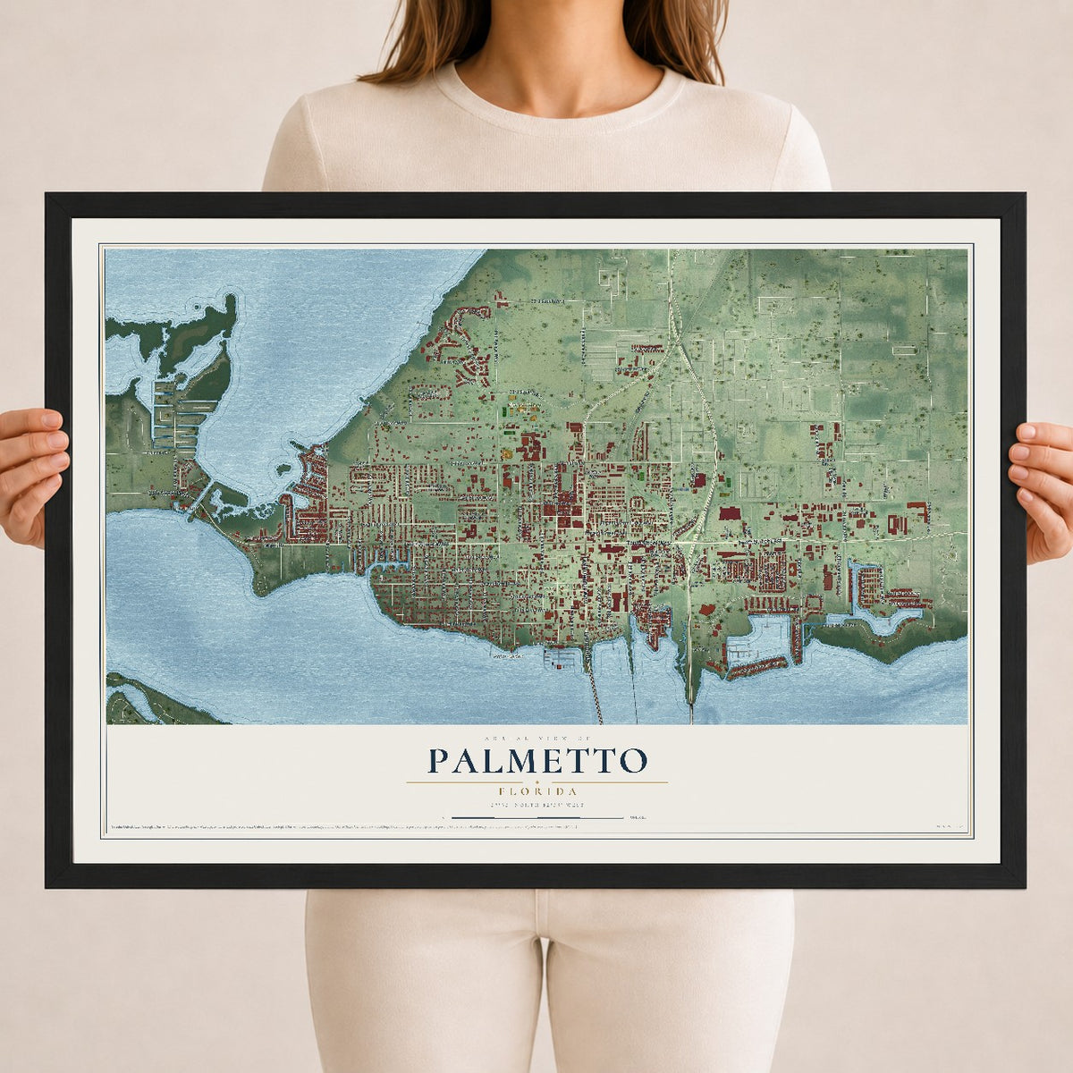 Palmetto, Florida map print, 18" x 24" W/ Black Ayous Wood Frame mockup