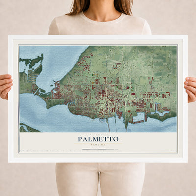Palmetto, Florida map print, 18" x 24" W/ White Ayous Wood Frame mockup