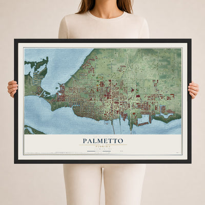 Palmetto, Florida map print, 24" x 36" W/ Black Ayous Wood Frame mockup