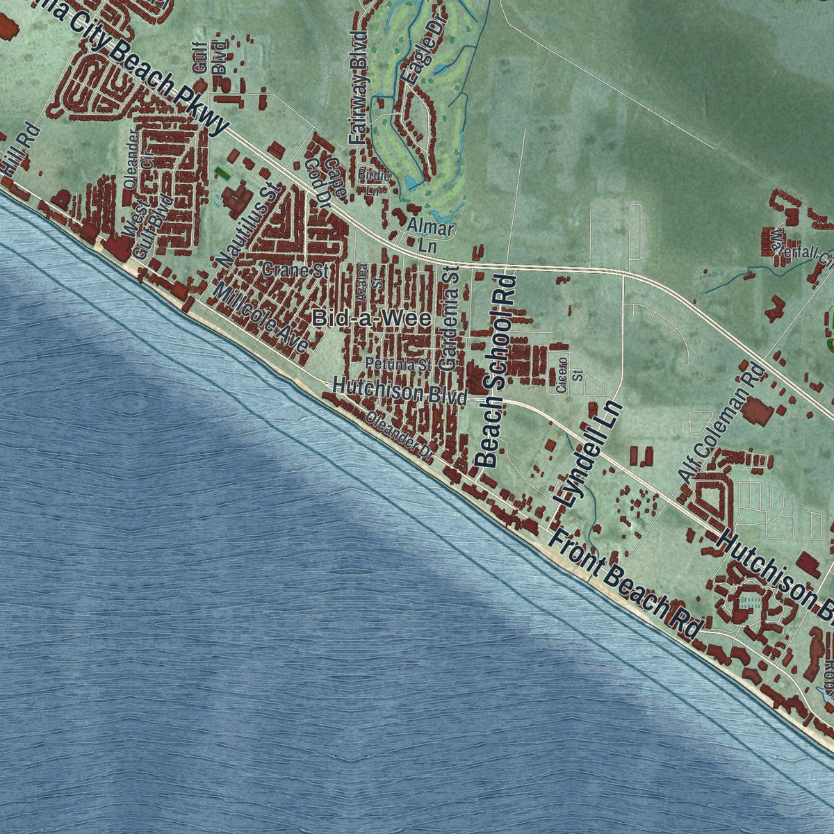Close-up 1 of the Panama City Beach, Florida map artwork