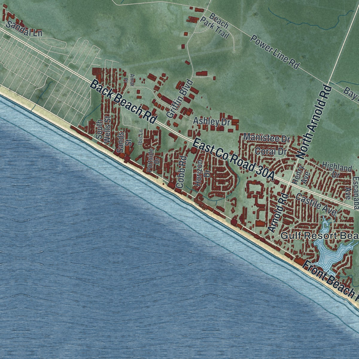 Close-up 2 of the Panama City Beach, Florida map artwork