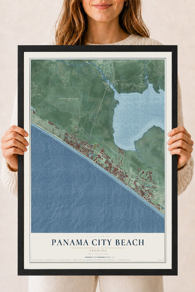 Panama City Beach, Florida map print, 18" x 24" W/ Black Ayous Wood Frame mockup