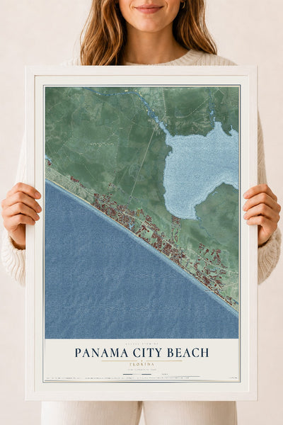 Panama City Beach, Florida map print, 18" x 24" W/ White Ayous Wood Frame mockup