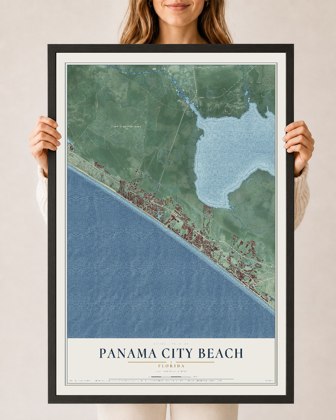 Panama City Beach, Florida map print, 24" x 36" W/ Black Ayous Wood Frame mockup