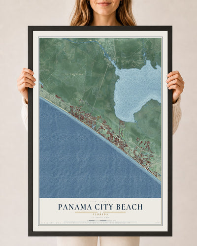 Panama City Beach, Florida map print, 24" x 36" W/ Black Ayous Wood Frame mockup