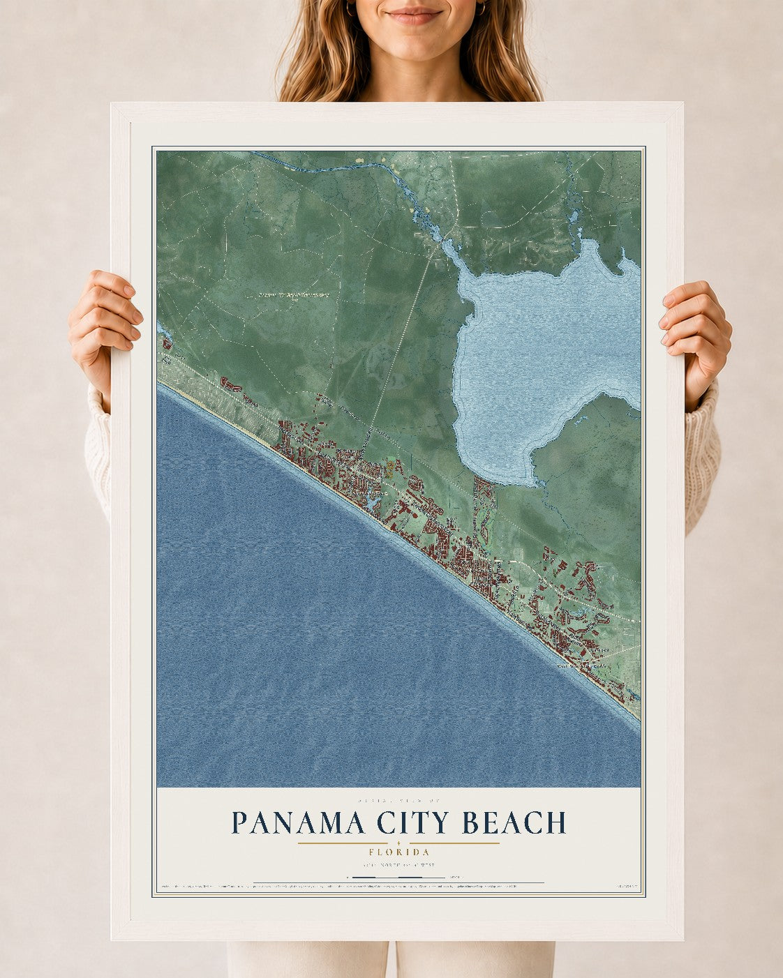 Panama City Beach, Florida map print, 24" x 36" W/ White Ayous Wood Frame mockup