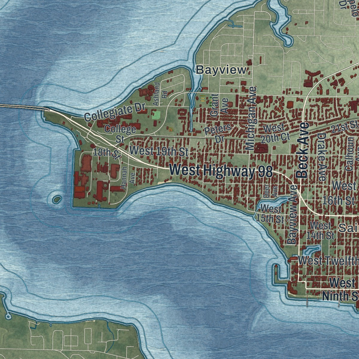 Close-up 2 of the Panama City, Florida map artwork