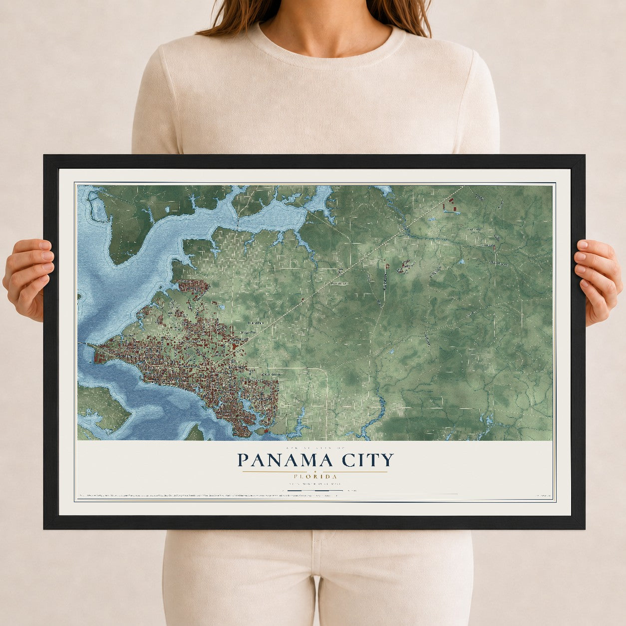 Panama City, Florida map print, 12" x 18" W/ Black Ayous Wood Frame mockup